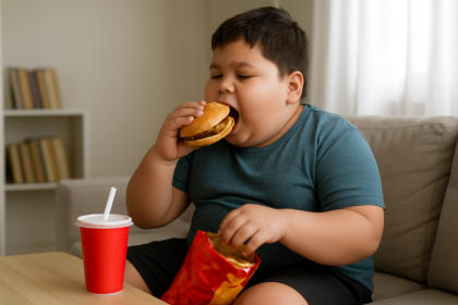 child eating burger