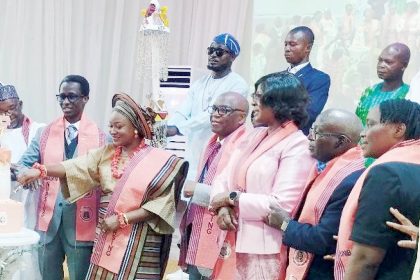 From left, Vice Chancellor, Achievers University, Owo, Professor Omolara Irinoye; Dr Ndagi Alhassan, Professor Peter Olapegba, Olori Abiwunmi Owoade, Provost of the College of Medicine, University of Ibadan, Professor Temidayo Ogundiran, Professor Prisca Adejumo and others, recently at the 60th anniversary celebration in Ibadan.