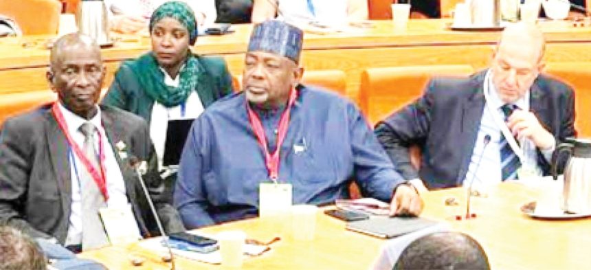 Minister of Agriculture and Food Security, Abubakar Kyari (centre), and others during an extraordinary meeting of EU agriculture ministers held in Brussels, Belgium.