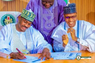Sokoto governor, Aliyu Sokoto, signing 2026 appropriation bill into law