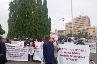 A group of protesters under the banner of Concerned Niger Delta Stakeholders on Tuesday stormed the National Assembly in Abuja
