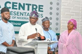 Chairman of the House Committee on National Planning and Economic Development, Hon. Gboyega Nasir Isiaka, GNI (APC, Ogun) addressing newsmen on behalf of the joint committee of the Senate and House of Representatives on a two-day dialogue scheduled for April 14 and 15, 2026, in Abuja.