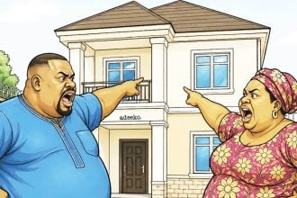 couple in argument in front of new building After divorce