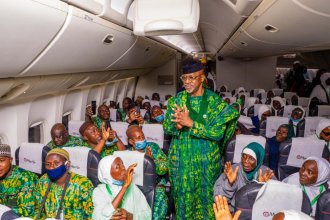 Ogun State Governor, Prince Dapo Abiodun with the Ogun pilgrims on board before taking off to the Kingdom of Saudi Arabia for the 2026 Hajj exercise