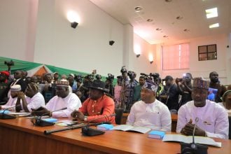A cross section of the six newly elected FCT Area Council Chairmen at their swearing in ceremony in Abuja.