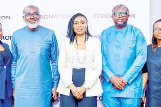From left, Head, Equities Research, Coronation Research, Gbemisola Adelokiki; Head of Macros Research, Coronation Research, Dr. Temilola Adeyemi; MD/CEO Coronation Asset Management, Aigbovbioise Aig-Imoukhuede; Chief Marketing and Communications Officer, Coronation group, Ngozi Akinyele; Managing Director, Trium, Adebayo Adewolu; CEO, Coronation Wealth, Izekeo Adegoke and Head, IT, Coronation Registrars Limited, Seye Doherty, during the Coronation/ Capital Market Correspondents Association of Nigeria (CAMCAN) media parley, at the Coronation Plaza, Lagos, recent.