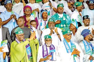 From left, Bauchi State governor, Bala Mohammed; APM presidential candidate, Seyi Makinde; APM vice-presidential candidate, Lawan Musa Daura, and others at the APM National Convention in Bauchi on Thursday. Photo: Ishola Michael