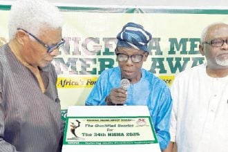 From left, Chairman, Panel of Assessors,Chief Dele Adetiba; Chairman, Board of Trustees, Professor Dayo Duyile and Chief Administrator, Yemi Akeju, all of the Nigeria Media Merit Award (NMMA), at the formal presentation of the NMMA 2026 Processed Entries to the Award Panel of Assessors, in Lagos.