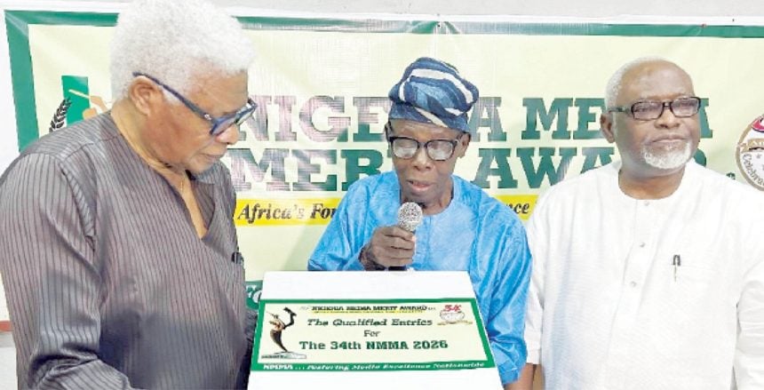 From left, Chairman, Panel of Assessors,Chief Dele Adetiba; Chairman, Board of Trustees, Professor Dayo Duyile and Chief Administrator, Yemi Akeju, all of the Nigeria Media Merit Award (NMMA), at the formal presentation of the NMMA 2026 Processed Entries to the Award Panel of Assessors, in Lagos.