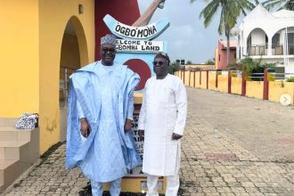 Accord presidential candidate, Dr. Gbenga Olawepo-Hashim, and National President of Omo Ibile Igbomina, Sir Bisi Fakayode, after a courtesy visit by Hashim to the Omo Ibile Igbomina House in Ganmo, Kwara State, on Tuesday.