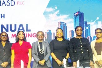 From left, Chief Operating Officer, NASD PLC; Chinwendu Ekeh; Non-Executive Director, Obiageli Chiki-Ijegbulem; Acting Managing Director, Arese Ugwu; Chairman , Bolo Olayimikah; Company Secretary, Lola Ikwuagwu; Non-Executive Director, Kenechi Ezezika; Mrs. Non-Executive Director, Abiola Adediran and Dr. Non-Executive Director, Oreoluwa Sofekun, during 13th Annual General Meeting (AGM) of NASD PLC, in Lagos. -