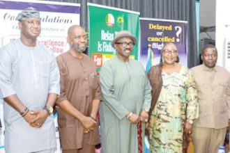 Director General, Nigeria Civil Aviation Authority (NCAA), Capt. Chris Najomo (middle);  Commissioner/CEO, Banjul Accord Group Accident Investigation Agency (BAGAIA), Engineer Henry Nwanyanwu (3rd left); Director, Technical Training and Support, BAGAIA, Engineer Ahmed Samuel (2nd left), and others, when BAGAIA team paid a visit to the NCAA Headquarters, in Abuja. 