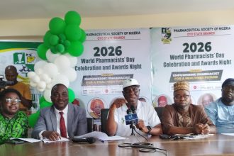 Chairman of the branch, Pharm (Col) Victor Segun Ajanaku (rtd), FPSN, FCAI, and othres during gave during a press briefing ahead of the 2026 World Pharmacists Day celebration