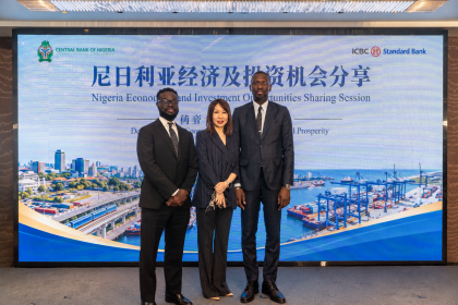 L-R: Mobolaji “Mo” Bammeke, Chief Compliance Officer, Flutterwave; Guo Songmei, newly appointed VP of Sales and Partnerships, Greater China and Asia, Flutterwave; and Olugbenga “GB” Agboola, Flutterwave Founder and CEO during a CBN forum in Beijing, China [Picture by Flutterwave].