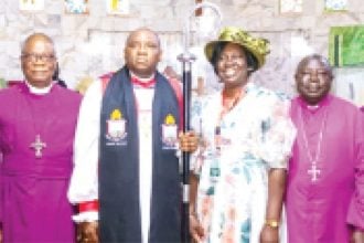 From left, Bishop of Ifo Right Reverend Nathaniel Ogundipe; Bishop of Ijebu Southwest, Right Reverend Babatunde Ogunbanwo; retired Bishop of Awori, Right Reverend Akin Atere; Bishop of Awori, Right Reverend Olayemi Fatusi; Mrs Omobolanle Fatusi; Bishop of Egba West, Right Reverend Samuel Ogundeji; Bishop of Yewa, Right Reverend Micheal Oluwarounbi, and Bishop of Panshi, Right Reverend Olumuyiwa Ajayi, during the first session of the sixth Synod Diocese of Awori Anglican Communion, held at ST. Timothy’s Anglican Church, Sango Ota Ogun State.