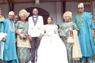 From left, Bride’s parents, Mr and Mrs Ojewunmi; the couple, Joshua and Christian; and the groom’s parents, Mr and Mrs Awoniyi, after solemnisation of the couple, in Abeokuta, Ogun State.