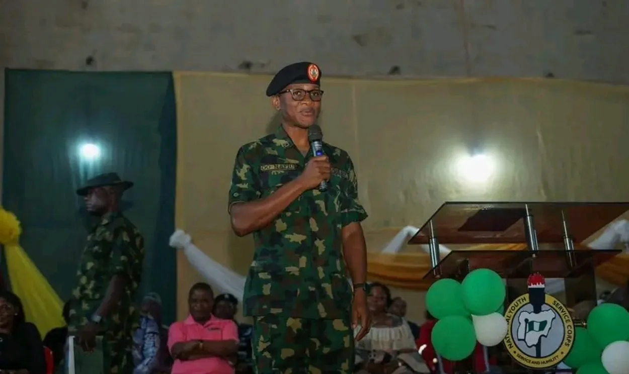 Director General of NYSC, Brigadier General Olakunle Nafiu addressing Corps members