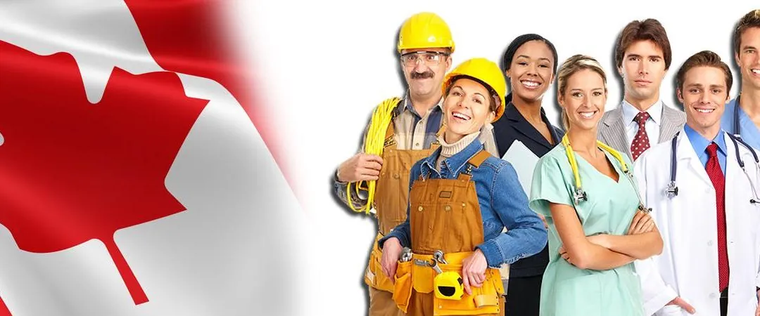 Picture of workers from different professions and a Canada flag,