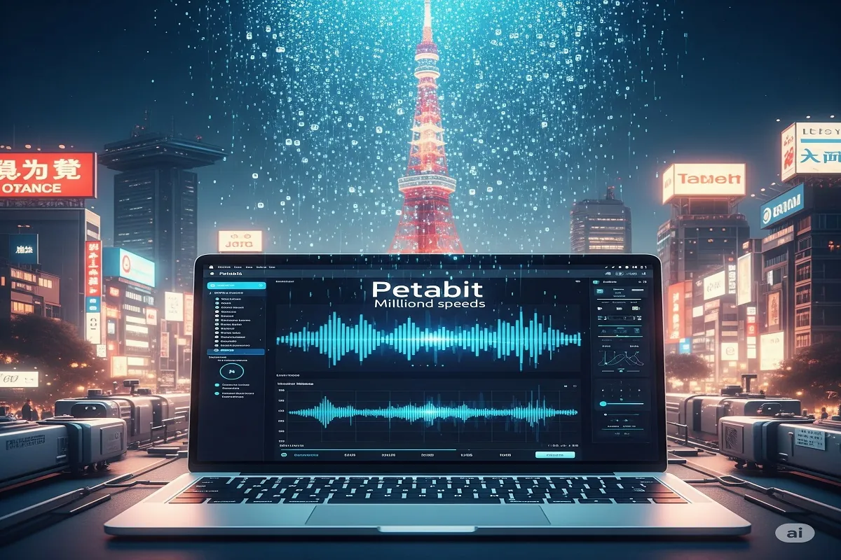 An AI generated image representation of laptop downloading millions of songs using Japan's petabit