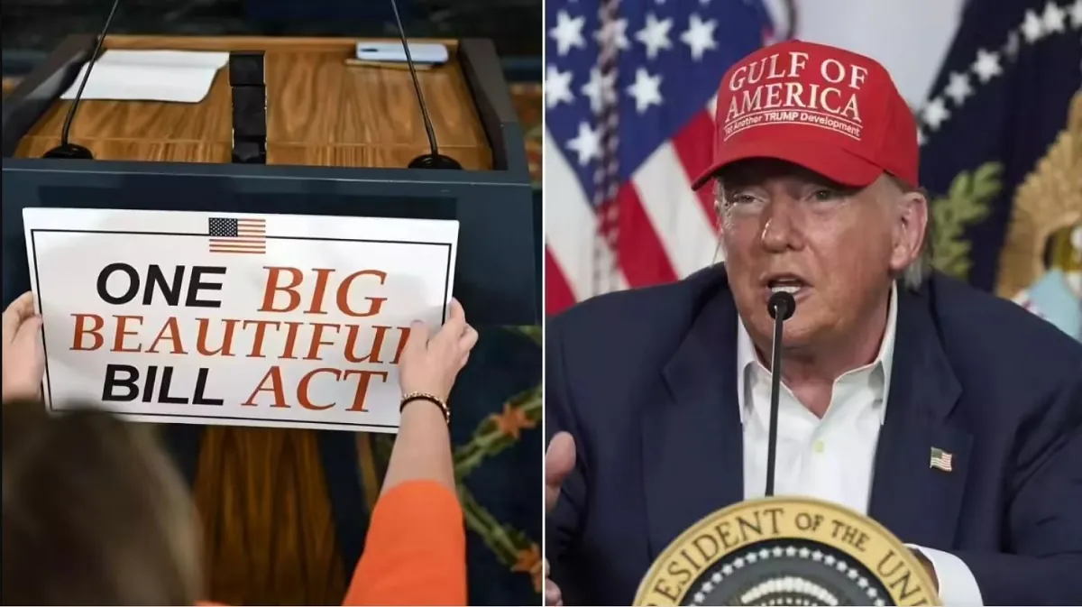 President Donald Trump and an inscription about his megabill, 'Big Beautiful Bill'.
